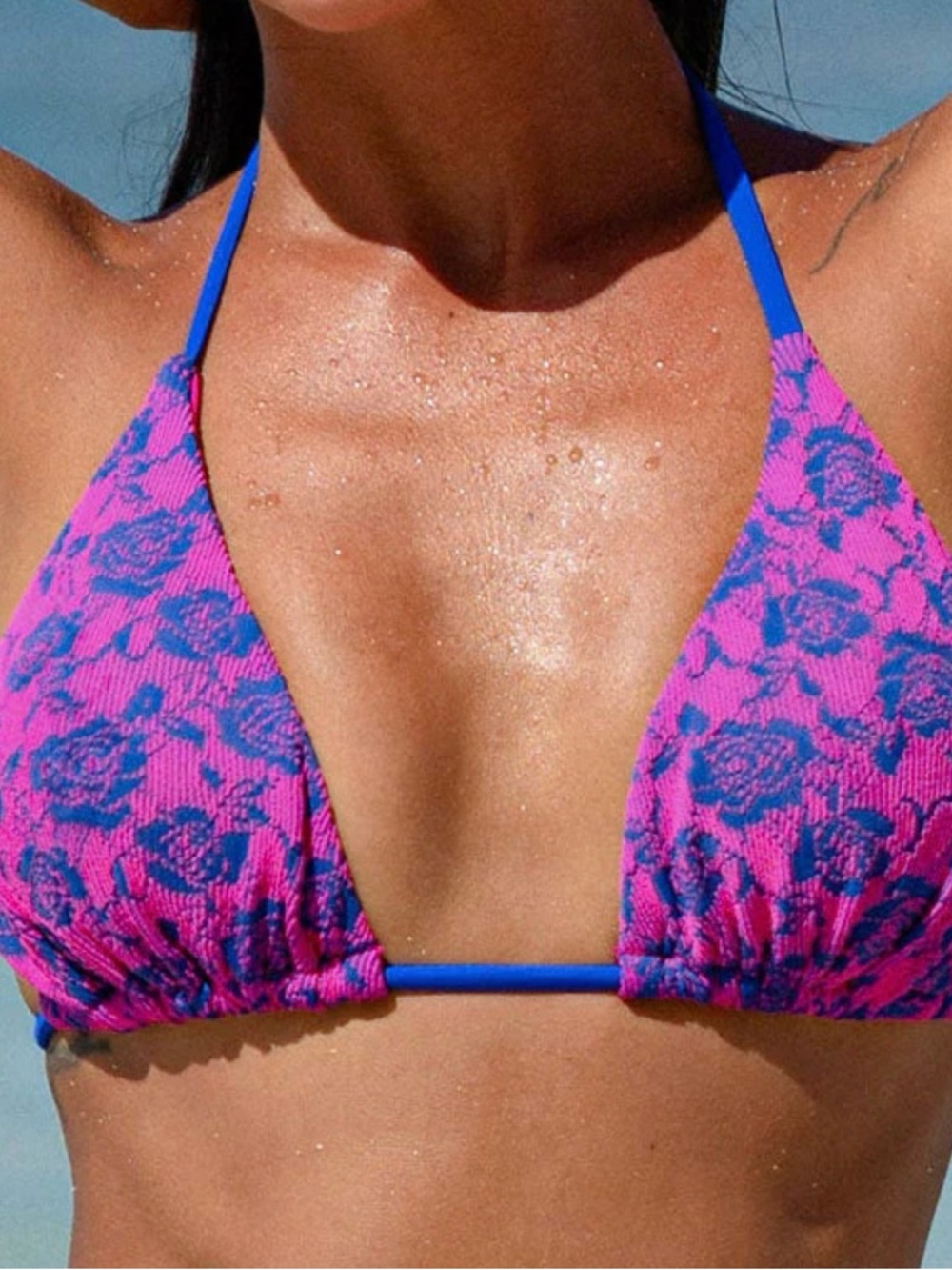 Berlook Bikini Set Pink Rose Floral Jacquard Triangle Top Small Swimwear - Picture 4 of 10